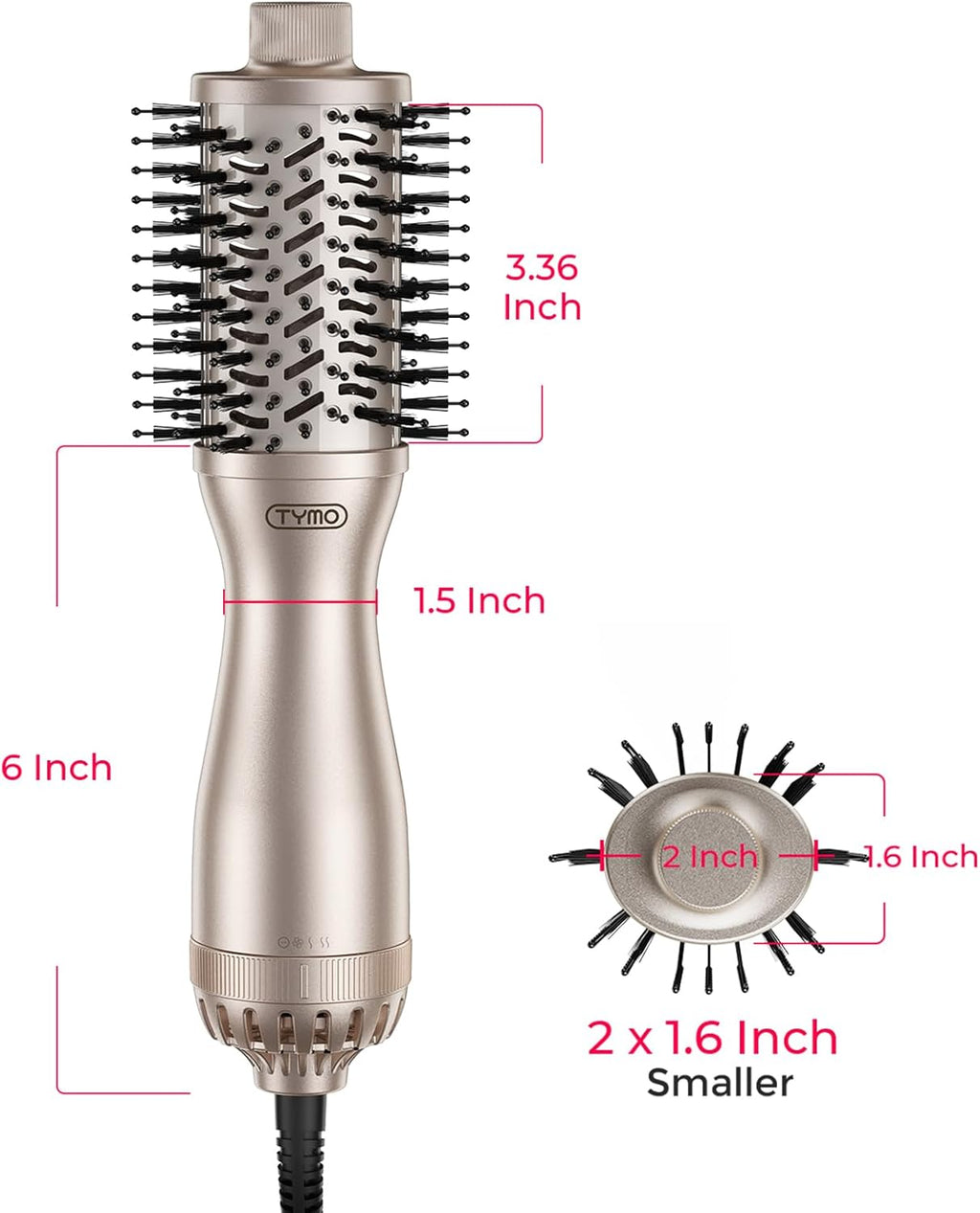 TYMO Cepillo secador de pelo 2.0, cepillo de aire caliente soplado, voluminizador de un paso, rodillo de barril mejorado de 2 pulgadas, secado 3 veces más rápido, 0.6 libras ligero, alisador rizador en uno, dorado