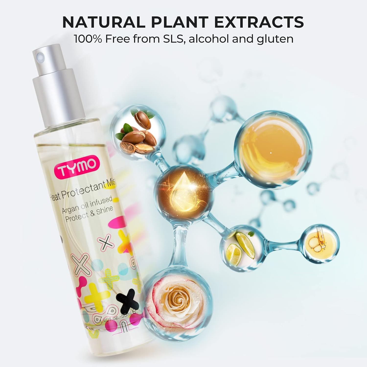 TYMO Spray protector de calor para cabello con aceite de argán para herramientas de peinado, spray de protección térmica para suavizar e hidratar, fórmula limpia natural, tratamiento multibeneficio,