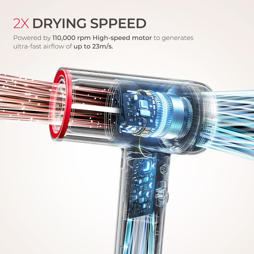 TYMO Secador de pelo con difusor, 1500 W de alta velocidad profesional AIRHYPE Lite secador de pelo con peine para secado rápido, motor sin escobillas de 110,000 RPM, secador de pelo iónico de 200 millones, 3 velocidades y 4 temperaturas, bajo ruido