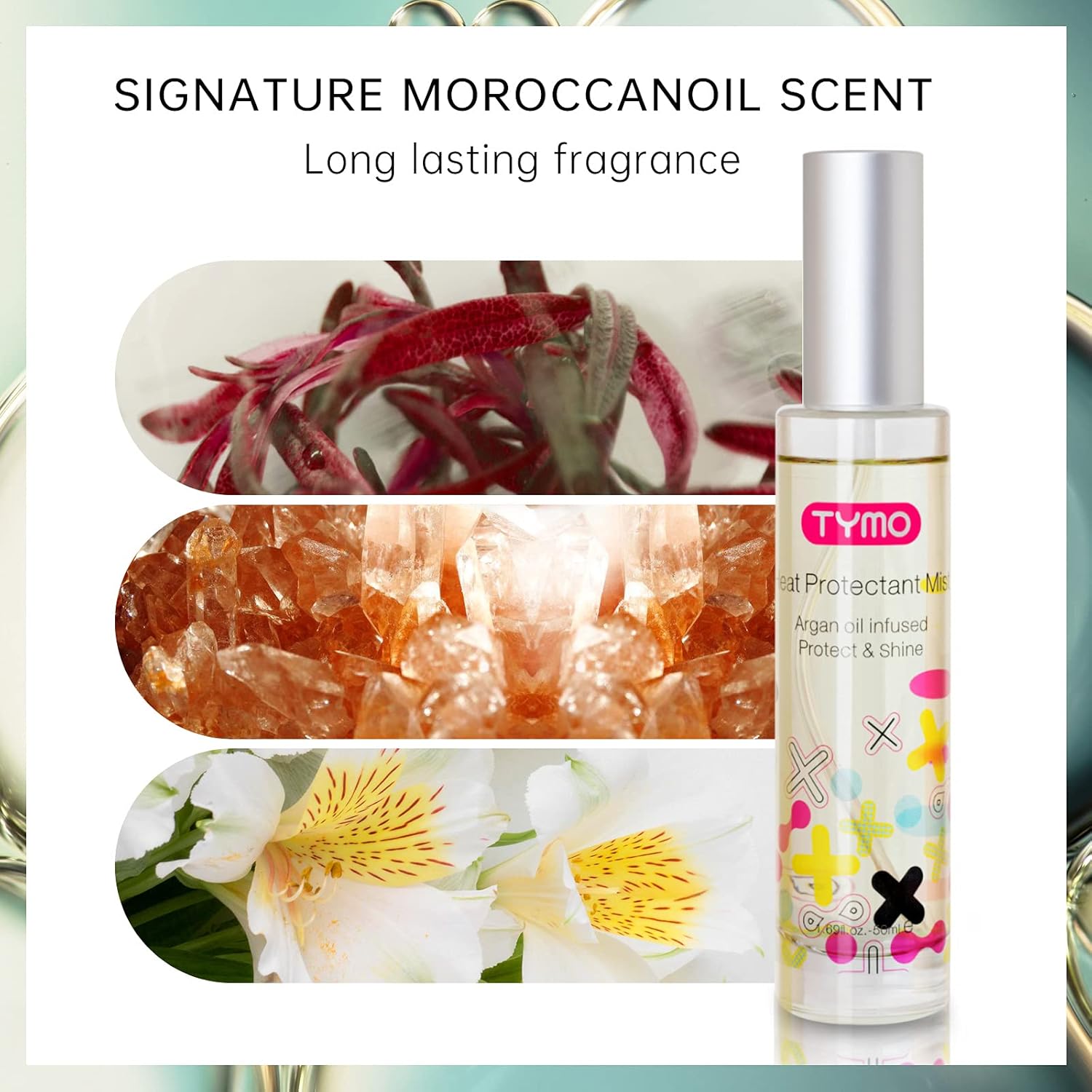 TYMO Spray protector de calor para cabello con aceite de argán para herramientas de peinado, spray de protección térmica para suavizar e hidratar, fórmula limpia natural, tratamiento multibeneficio,