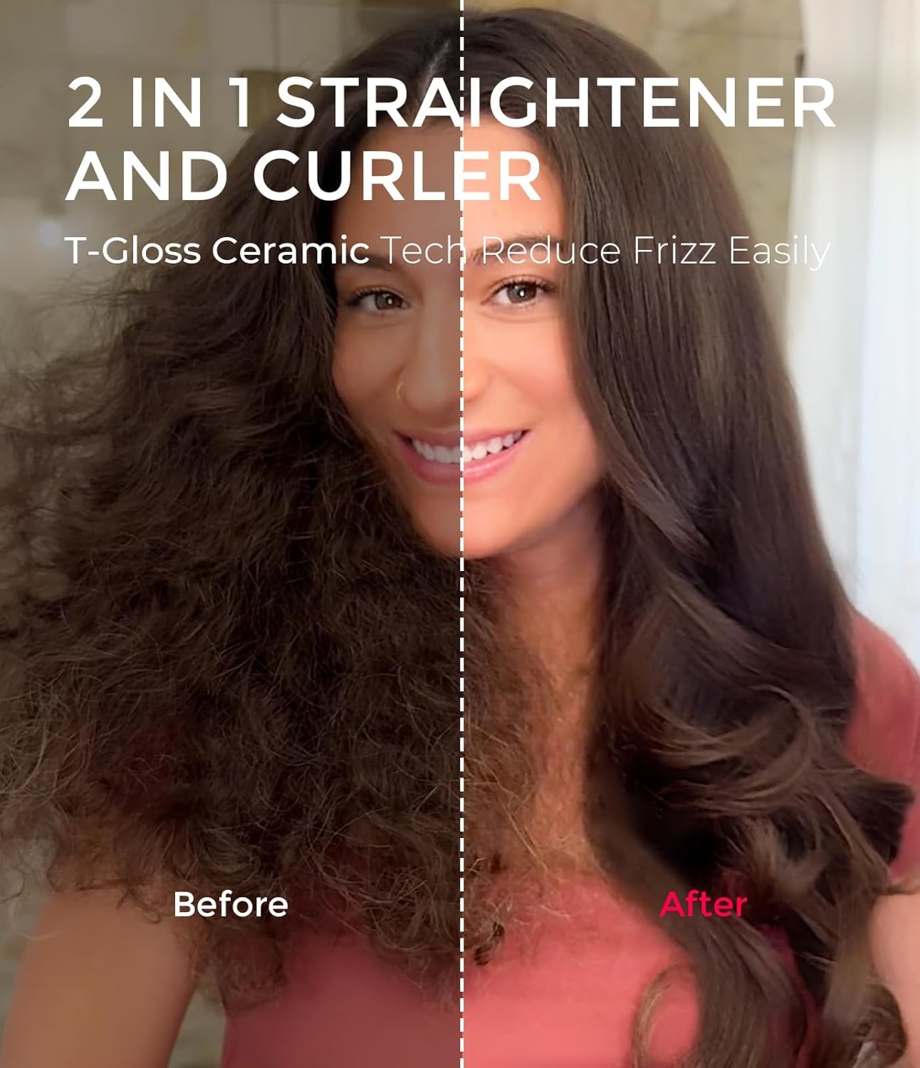 TYMO STYLUX - Cepillo rizador térmico de 1.7 pulgadas con ajuste flexible para alisar el cabello, herramienta redonda calentada, alisador y rizador 2 en 1, doble voltaje y luz, dorado