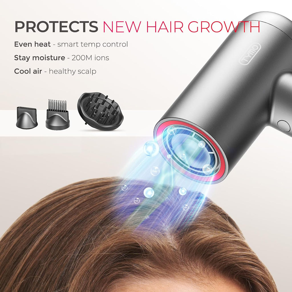 TYMO Secador de pelo con difusor, 1500 W de alta velocidad profesional AIRHYPE Lite secador de pelo con peine para secado rápido, motor sin escobillas de 110,000 RPM, secador de pelo iónico de 200 millones, 3 velocidades y 4 temperaturas, bajo ruido