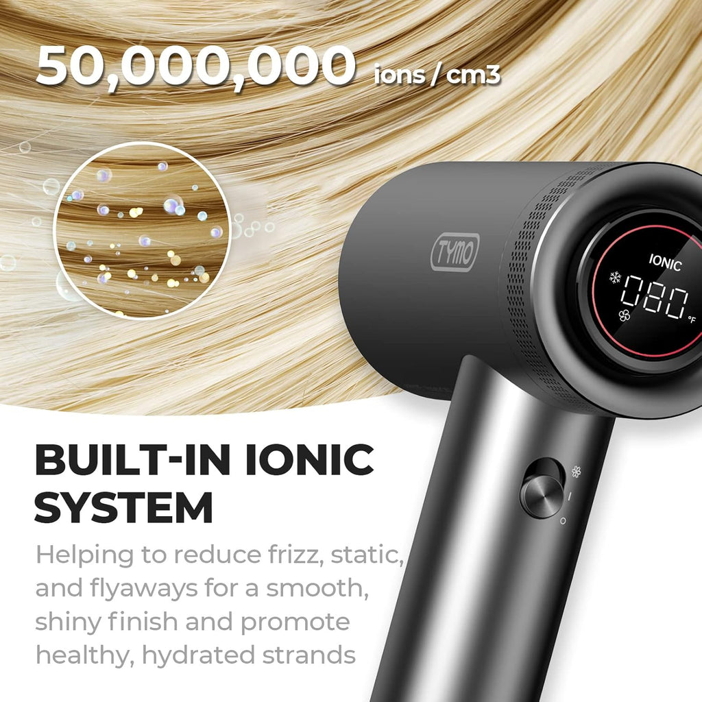 TYMO Secador de pelo con difusor para mujer – Secador profesional de alta velocidad de 1500 W con peine, secado rápido de 110,000 rpm, secador de pelo iónico de 200 millones, 4 temperaturas y 3 velocidades, cable de 8 pies para salón, gris metálico