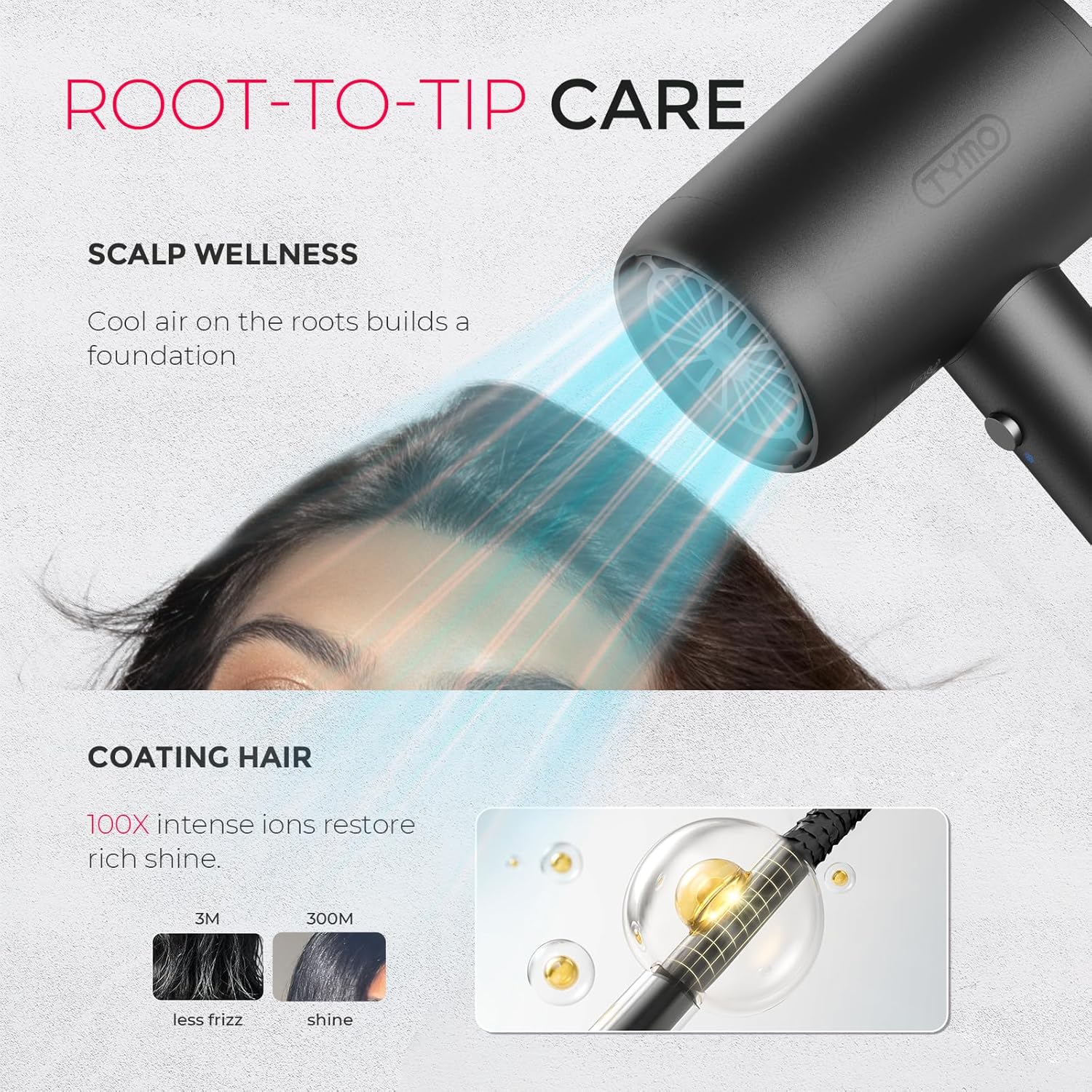 TYMO Diffuser Hair Dryer Blow Dryer - 300 Million Ionic Hairdryer with Diffuser & Comb Attachment for Curly Hair, Professional Blowdryer for Women, Cool Air Button, Small Travel Lightweight, Black