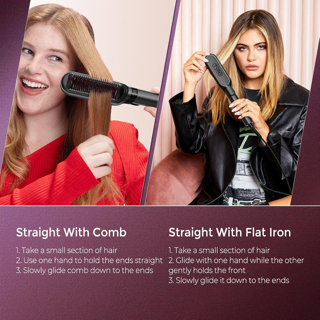 TYMO Cepillo alisador de pelo 2 en 1, 656.2 ft de iones para mujeres, de cerámica de doble voltaje, peine caliente para alisar el encrespamiento, ondas, rizos, 3 veces menos daño por calor, negro