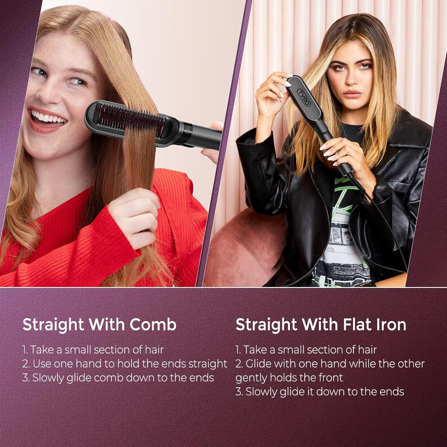 TYMO Cepillo alisador de pelo 2 en 1, 656.2 ft de iones para mujeres, de cerámica de doble voltaje, peine caliente para alisar el encrespamiento, ondas, rizos, 3 veces menos daño por calor, negro